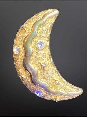 vintage gold tone  celestial crescent moon and Stars Rhinestones Brooch Pin